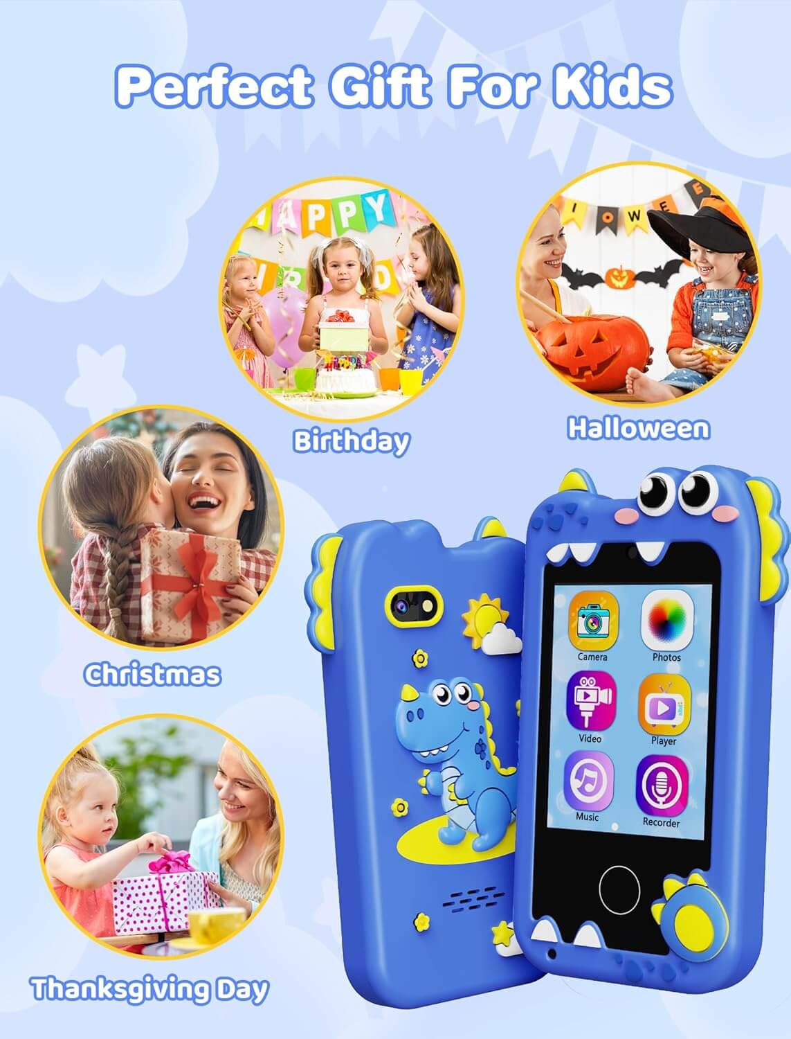 Kikidex Kids Phone for Girls,Toys for Boys Girls Age 3-10 Christmas Birthday Gifts,Touchscreen Kids Toy Cell Phone with Dual Camera,Puzzle Game, Music Player